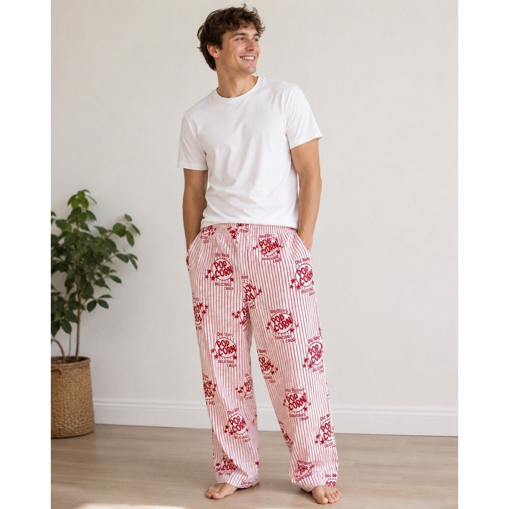 Vintage 2006 Old Navy Men's White & Red L Popcorn Pajama Pants Cotton Lounge Y2K